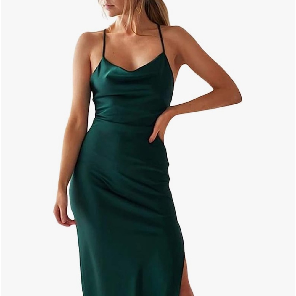 Satin Midi Dress-Emerald-L